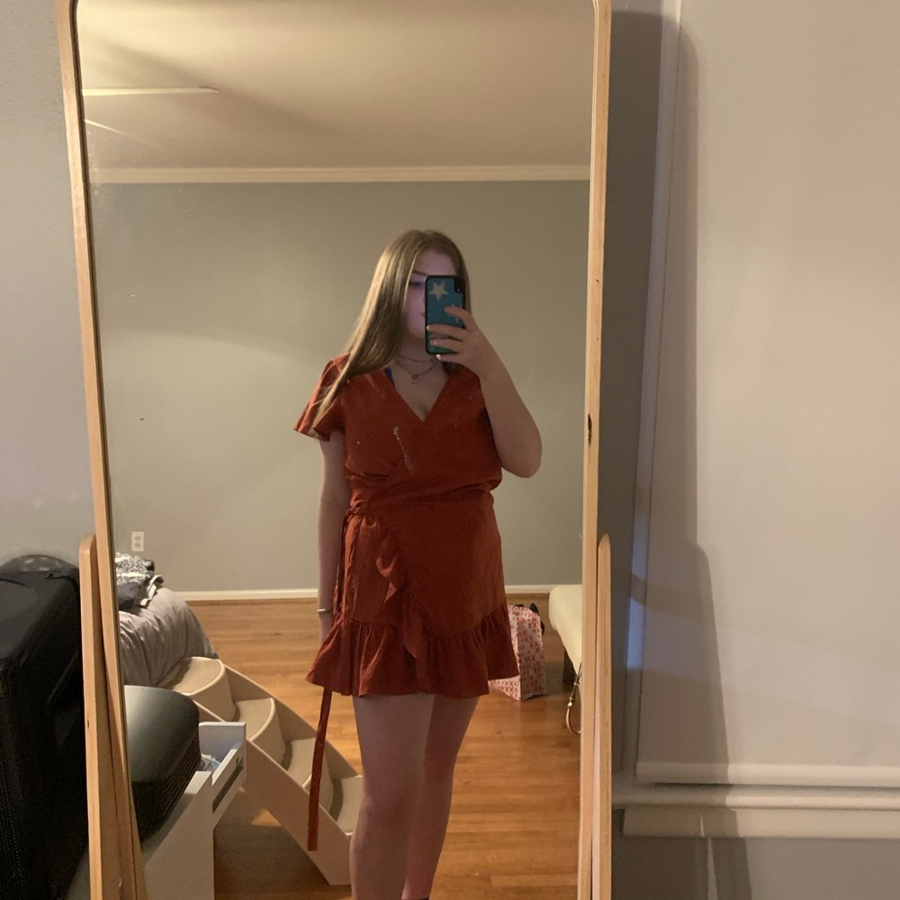 burnt orange wrap dress
